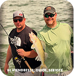 Two men holding a fishing rod and a fish in front of water, with overlay text that reads: @latendresse_guide_service