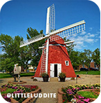 A red and white windmill surrounded by colorful flowers and a dirt path, with overlay text that reads: @littleluddite