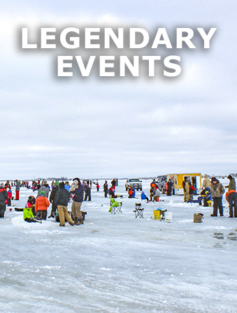 Wide view of people gathered on a frozen lake for an event, with overlay text that reads: Legendary Events
