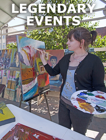 Woman standing at an easel holding a palette and painting outside, with overlay text that reads: Legendary Events