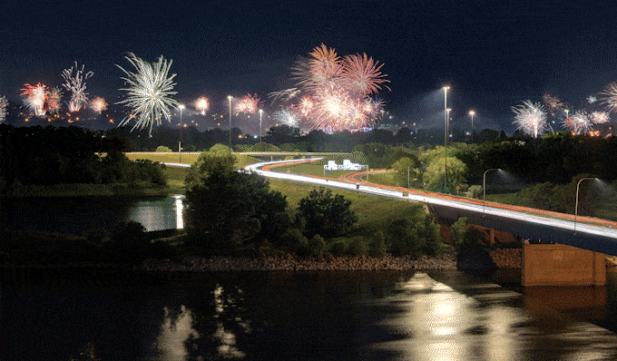 GIF of scenes in North Dakota, including fireworks over a bridge, a Native American powwow, outdoor event with tents and more