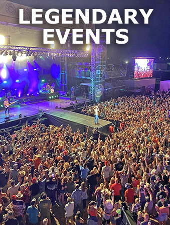 Aerial view of an outdoor concert stage with a band performing and a large crowd in front, with overlay text that reads: Legendary Events