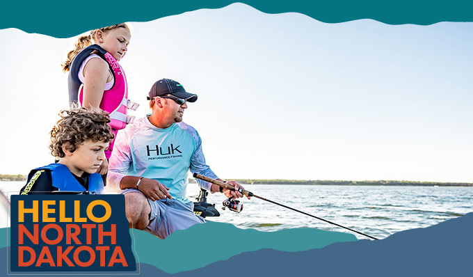 A man and two kids fishing on a lake, with overlay text that reads: Hello North Dakota