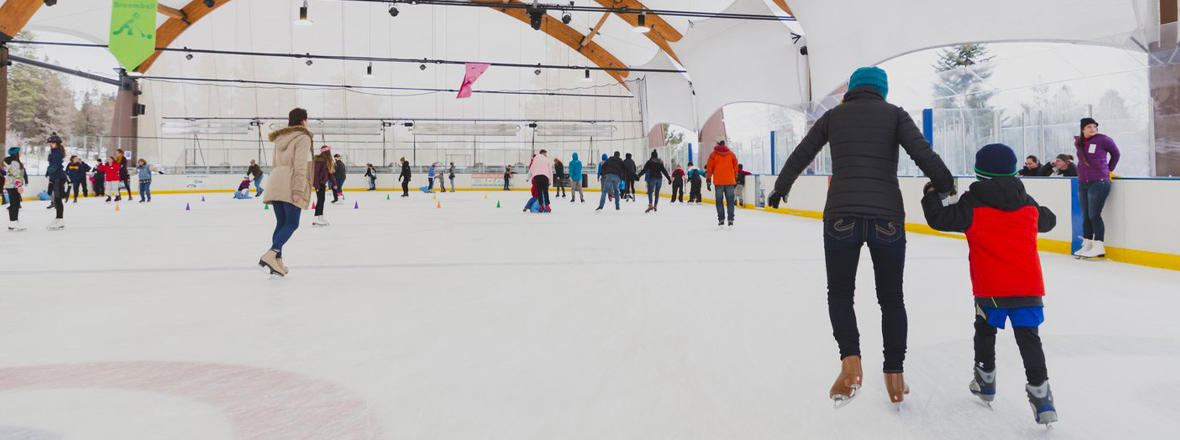 Adults and children ice skating in a covered outdoor rink.