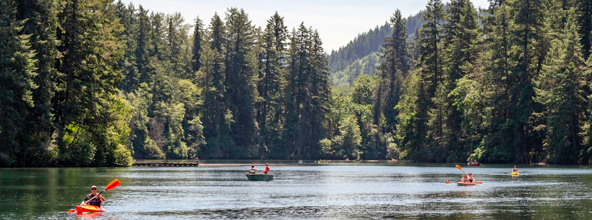 Several kayakers and boaters on calm waters at Milo McIver State Park.