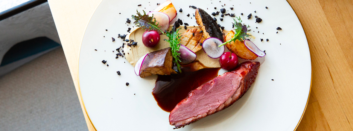 A plate of gourmet food.