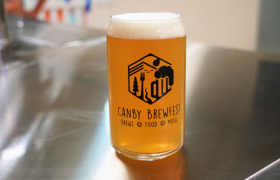 A full glass of beer with a frothy head sits on a metal counter.