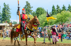 A knight in red and yellow armor on a decorated horse holds a lance during a jousting event.