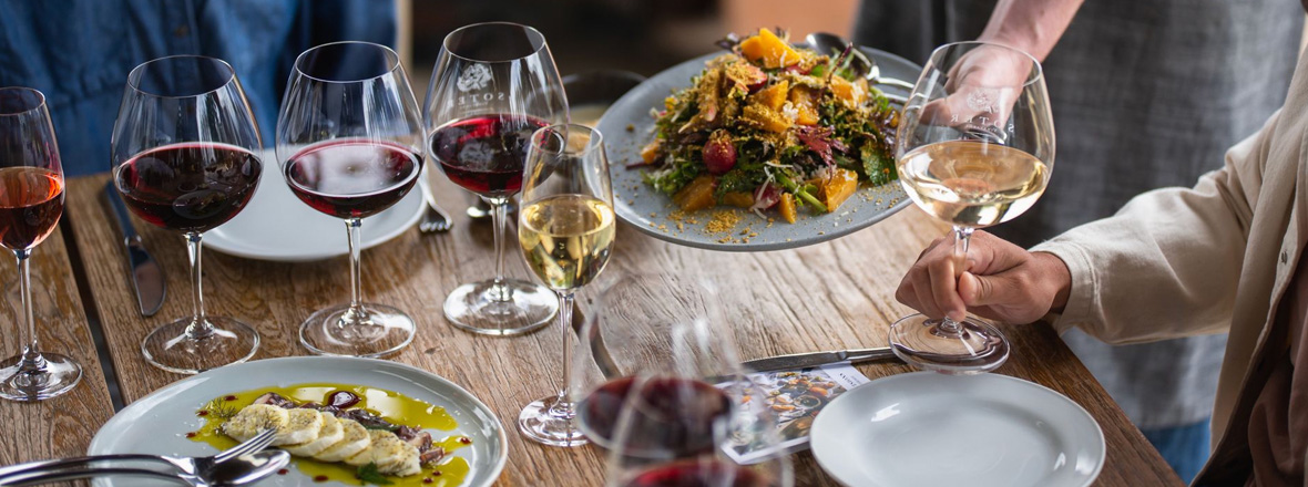 Food and wine on a table.