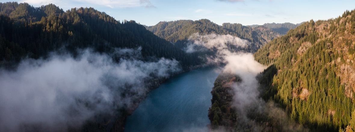 An overview of a river winding through hills.