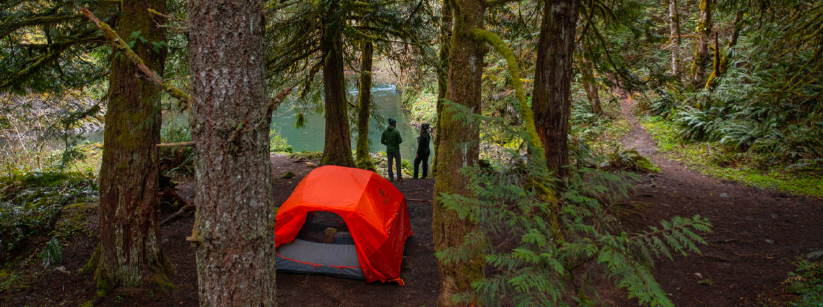 A red tent nestled in the woods above a river.