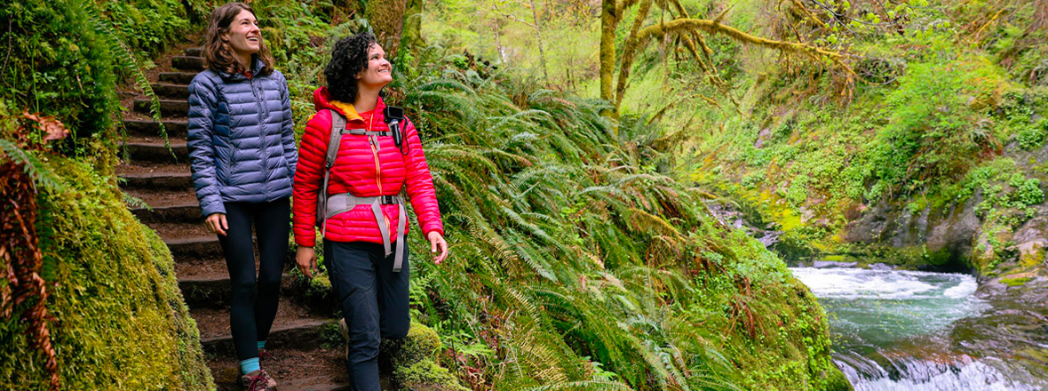 Two people are hiking on moss-covered steps, surrounded by lush green ferns and trees, near a flowing river in a forest.