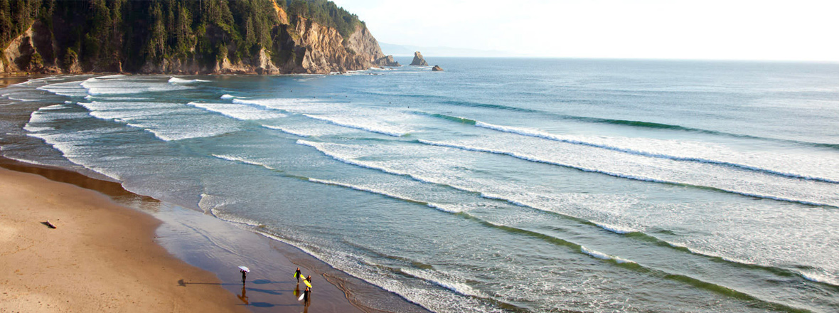 View of surfers and beachgoers on a wide sandy shoreline with gentle waves rolling in, bordered by forested cliffs on the Oregon Coast.