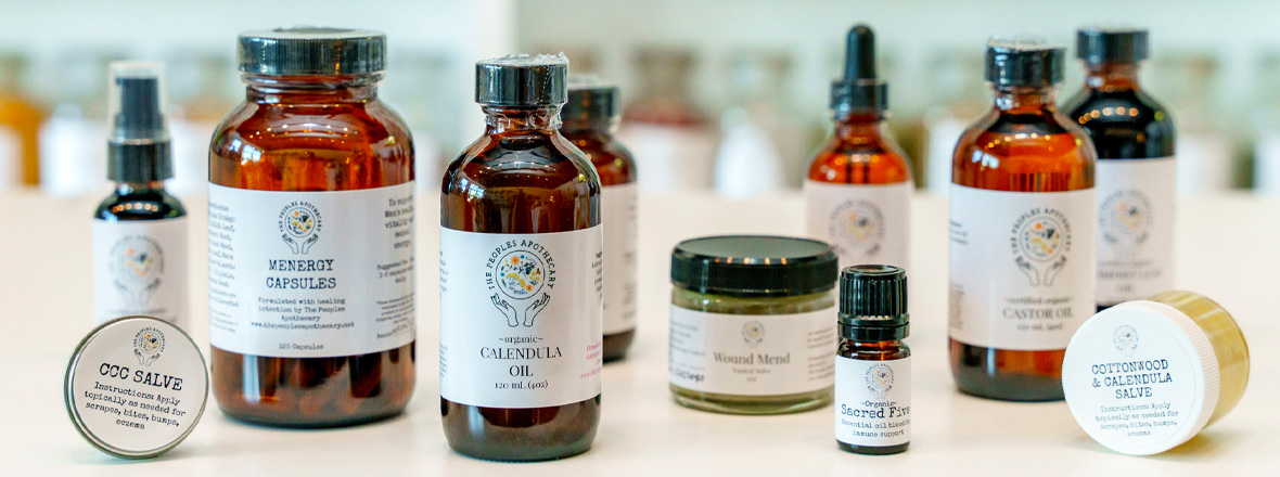 Bottles and jars of beauty serums, oils, salves and capsules.