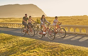 Four people riding bicycles side by side along a scenic paved path at sunset.