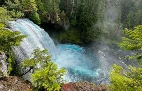 Waterfall cascading into a bright blue pool surrounded by lush green forest.