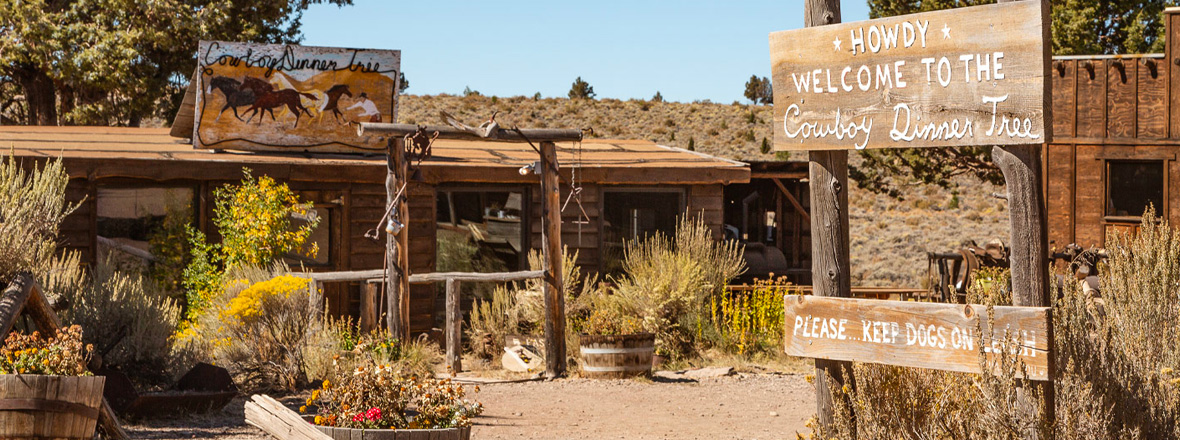 A rustic wooden building with a sign reading Cowboy Dinner Tree out front.