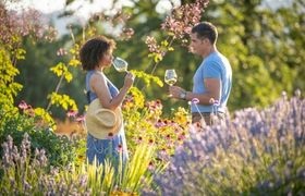 Two people holding glasses of wine while standing in a sunlit garden surrounded by flowers.