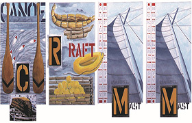 Colorful illustrated panels featuring rafting gear, paddles and sailboats in a maritime-themed art display.