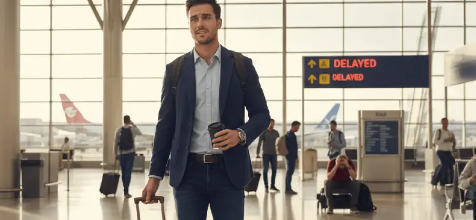 Man at airport with flight delays