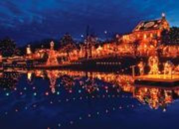 String lights aligning houses on a waterfront