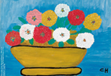 Color painting of yelllow, red, white, and pink flowers in a yellow vase