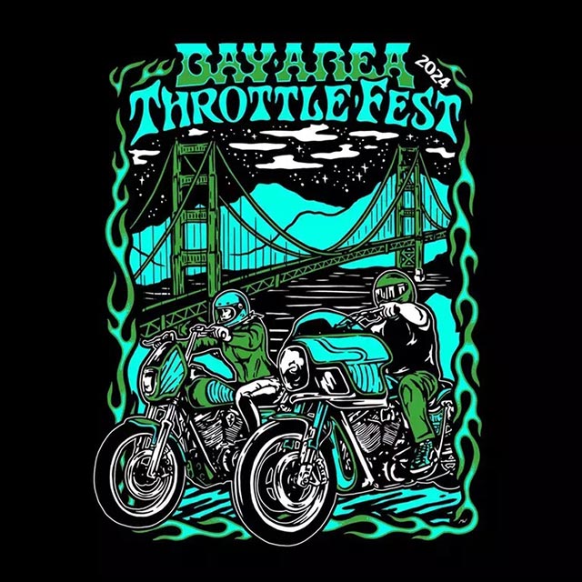 A poster featuring an illustration of people on motorcycles with the Golden Gate Bridge visible in the background.
