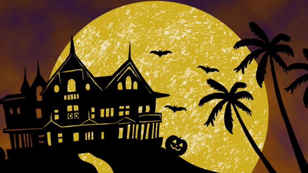 An animated image of bats flying over an artistic depiction of the Winchester Mansion with jack-o-lanterns, palm trees and a full moon in the background.