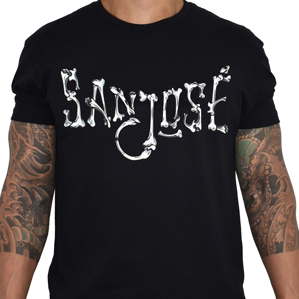 A black t-shirt with the words San Jose written in a font that looks like human bones.