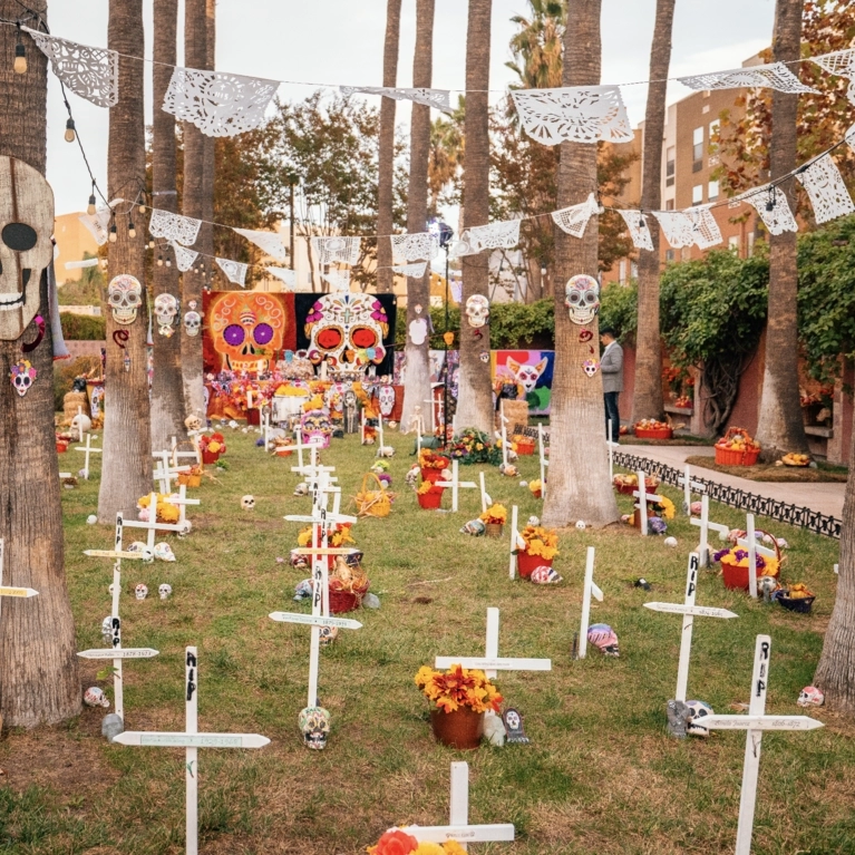 A yard full of memorials and other colorful decorations in observation of el dia de los muertos.