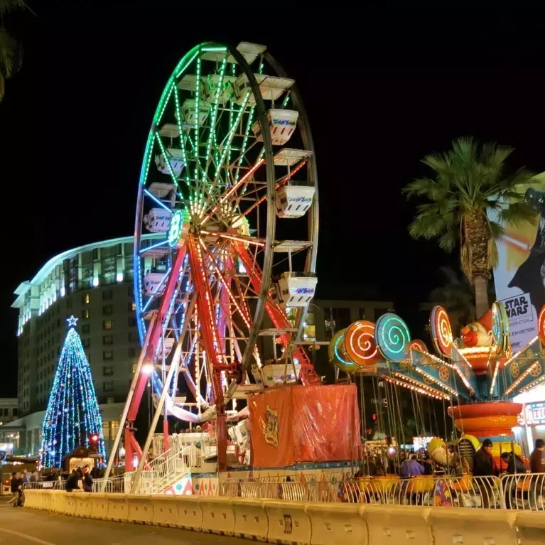 Winter Wonderland in San Jose lit up with lights at nighttime.