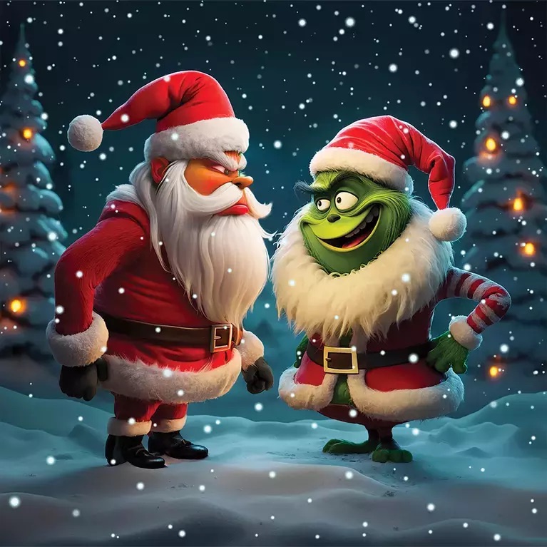 Two animated characters resembling Santa Claus and the Grinch facing each other in the snow.