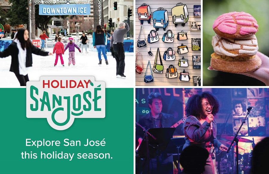 A collage of images from around San Jose with the words Explore San Jose this holiday season.