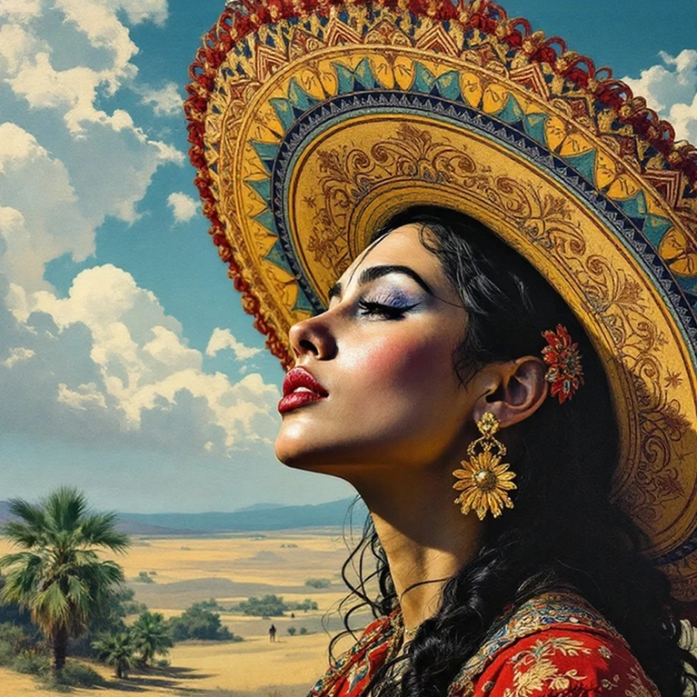 An artistic rendering of a woman in traditional Mexican clothing.