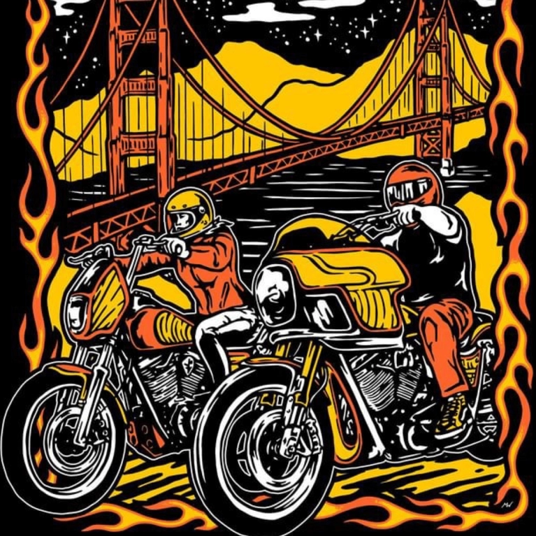 Illustration of two people on motorcycles in front of the Golden Gate Bridge.