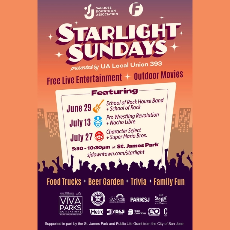 A poster for Starlight Sundays. Free Live Entertainment. Outdoor Movies.