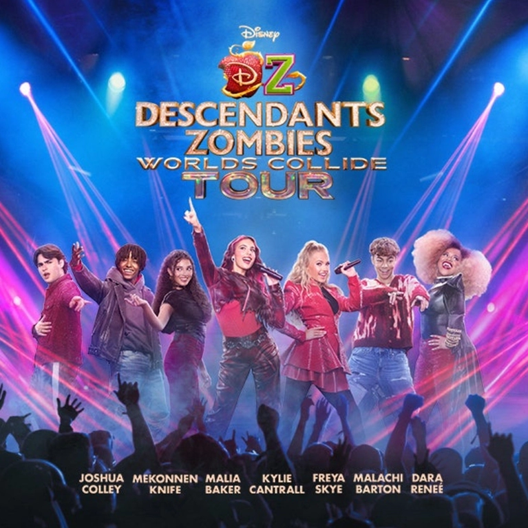 Performers from Descendants Zomabies Worlds Collide Tour posing on stage.
