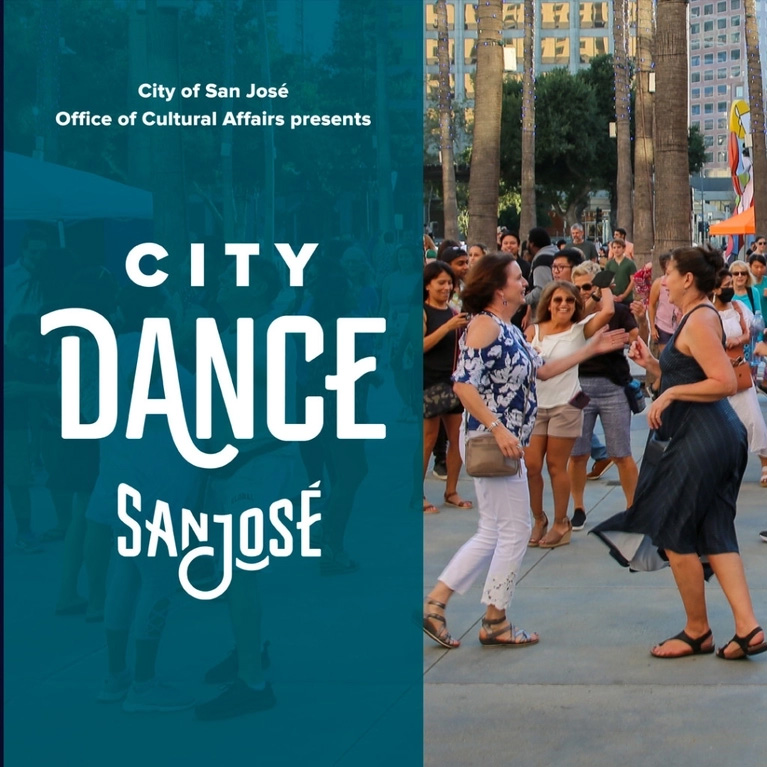 A group dancing in a city street. A headline reads: City of San José Office of Cultural Affairs presents City Dance.