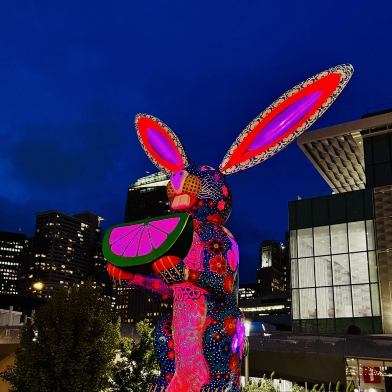 A large lit of rabbit sculpture in San José.