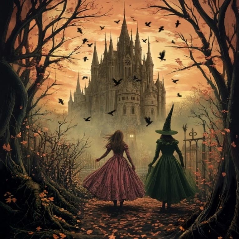 An illustration of two witches walking in the forest towards a castle.