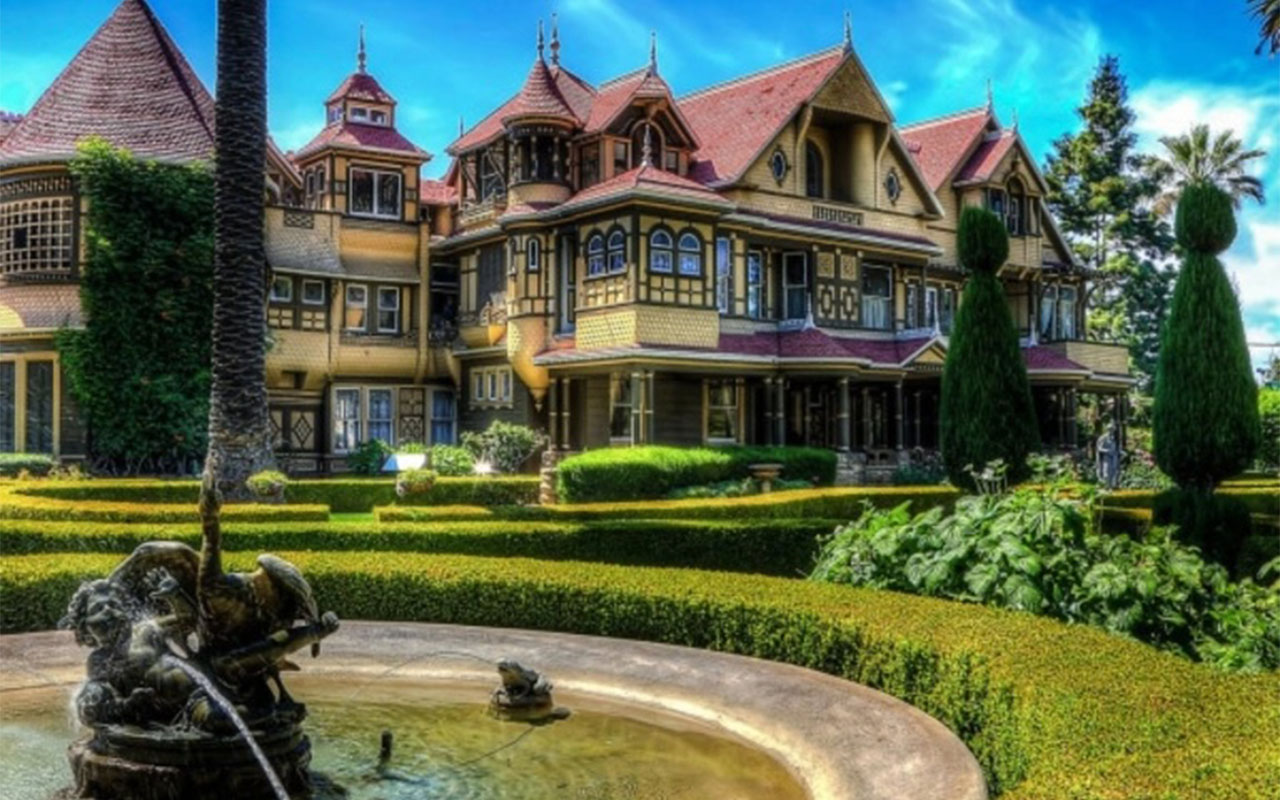 The Winchester Mystery House viewed from the outside in the daytime.