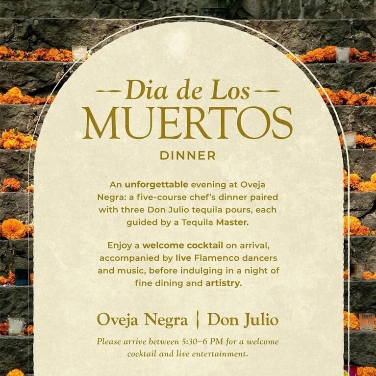 A tagline reads: Día de los Muertos Dinner. A decorative menu board framed by marigolds.