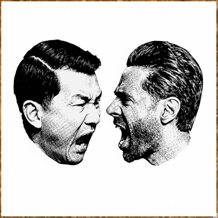 An image of two mens' heads yelling at each other.