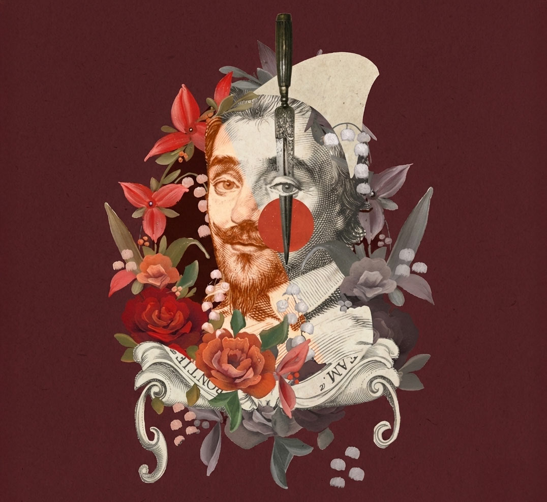 Surreal Shakespeare collage with mask, flowers and a sword on a maroon backdrop.