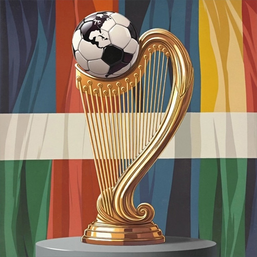A large soccer trophy in front of flags from across the world.