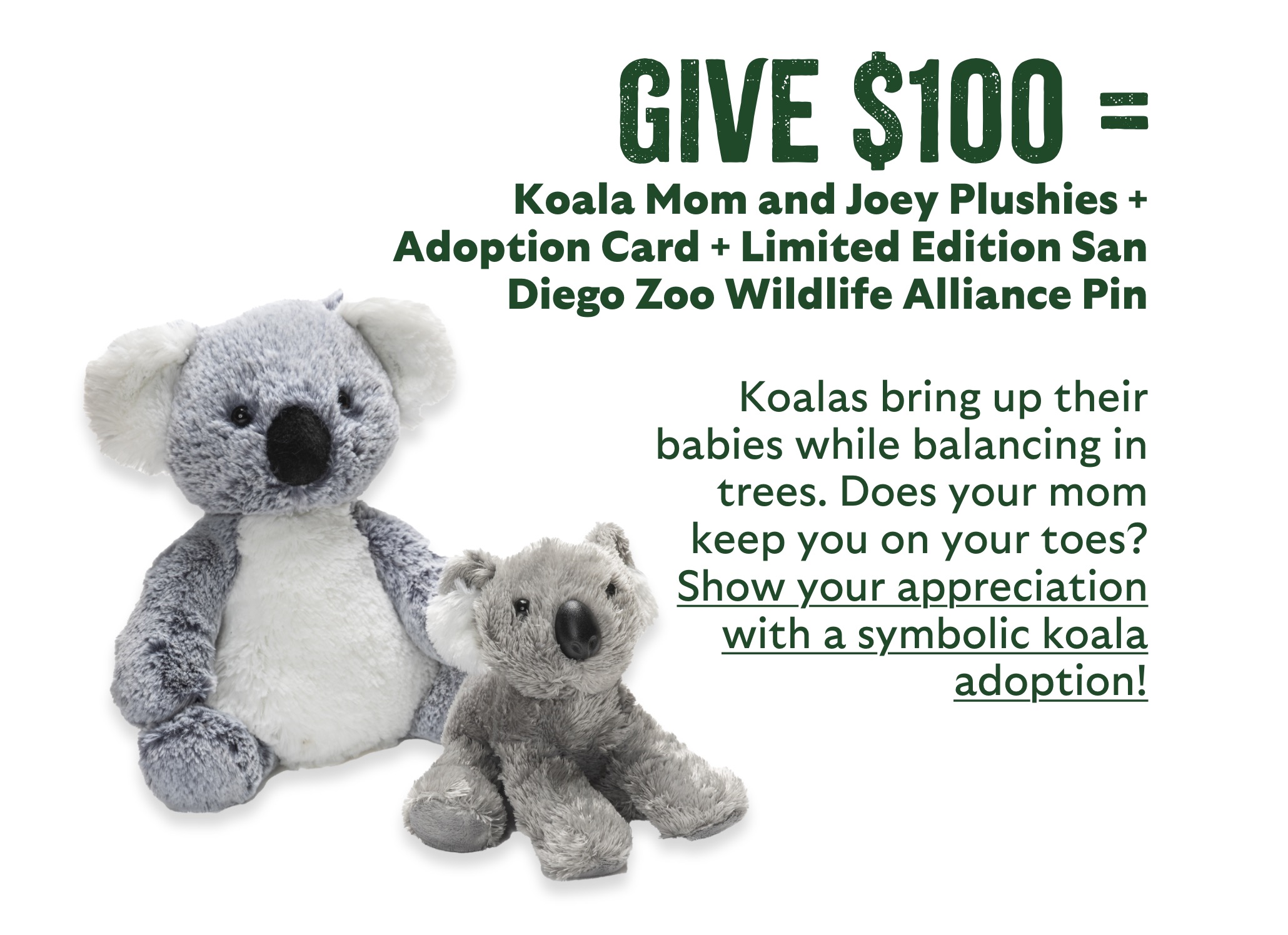 give $100 = Koala Mom and Joey Plushies + Adoption Card + Limited Edition San Diego Zoo Wildlife Alliance Pin