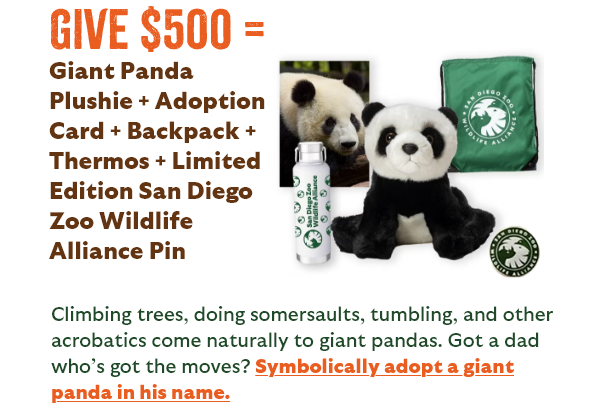 Give $500 = Giant Panda Plushie + Adoption Card + Backpack + Thermos + Limited Edition San Diego Zoo Wildlife Alliance Pin - Climbing trees, doing somersaults, tumbling, and other acrobatics come naturally to giant pandas. Got a dad who's got the moves? Symbolically adopt a giant panda in his name.