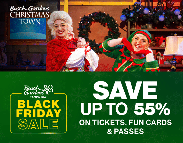 Image of Mrs. Claus and a female elf smiling with the Black Friday Presale offer "SAVE UP TO 55% ON TICKETS, FUN CARDS, AND PASSES"