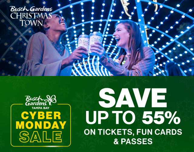 Image of two ladies with Christmas Town mugs smiling at one another underneath a tunnel of lights with the Cyber Monday Sale offer underneath that reads "SAVE UP TO 55% ON TICKETS, FUN CARDS, AND PASSES"