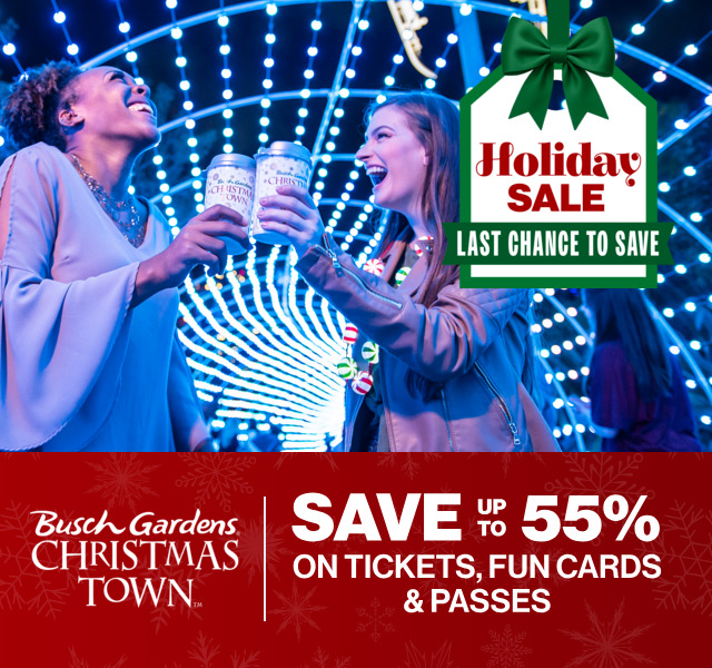 Two ladies holding holiday mugs under a tunnel of Christmas lights and the Holiday Sale message below that reads "SAVE UP TO 55% ON TICKETS, FUN CARDS & PASSES"
